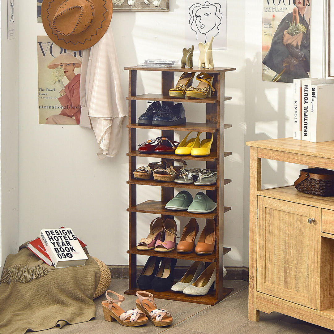 Patented 7-Tier Double Shoe Rack Free Standing Shelf Storage Tower Rustic Brown Image 3