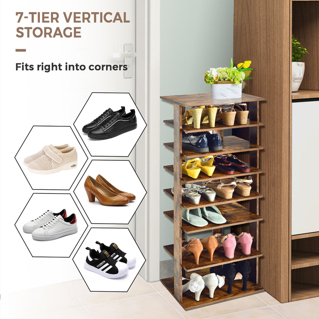 Patented 7-Tier Double Shoe Rack Free Standing Shelf Storage Tower Rustic Brown Image 9