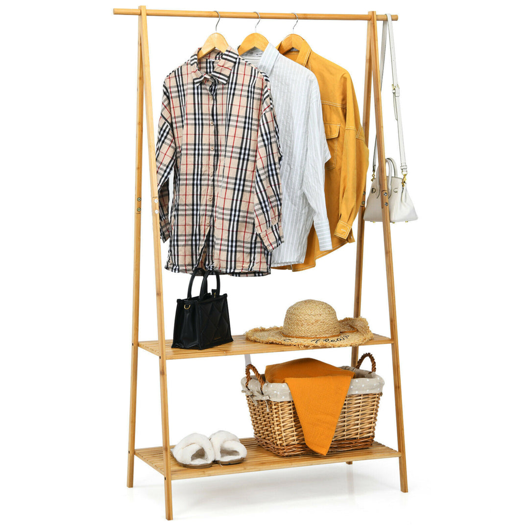 Bamboo Garment Rack Clothes Hanging Rack w/2-Tier Storage Shelf Entryway Bedroom Image 1