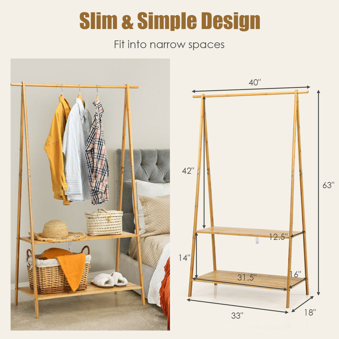 Bamboo Garment Rack Clothes Hanging Rack w/2-Tier Storage Shelf Entryway Bedroom Image 2