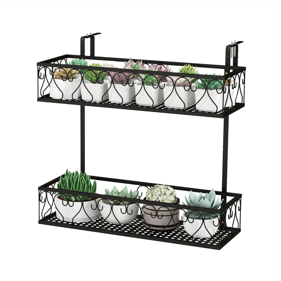 2-Tier Flower Pot Holder Balcony Hanging Rack Railing Shelf w/ Adjustable Hooks Image 1