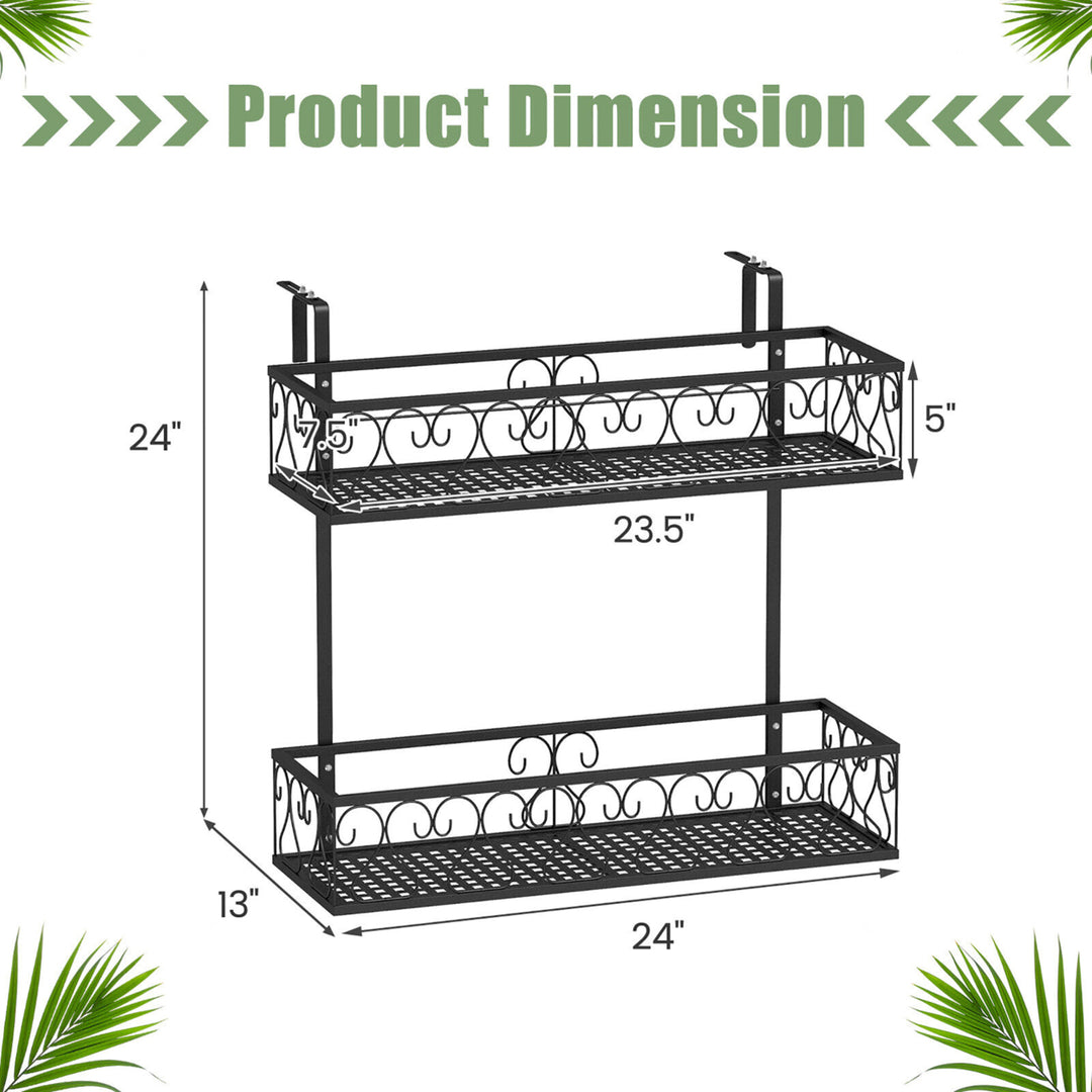 2-Tier Flower Pot Holder Balcony Hanging Rack Railing Shelf w/ Adjustable Hooks Image 2