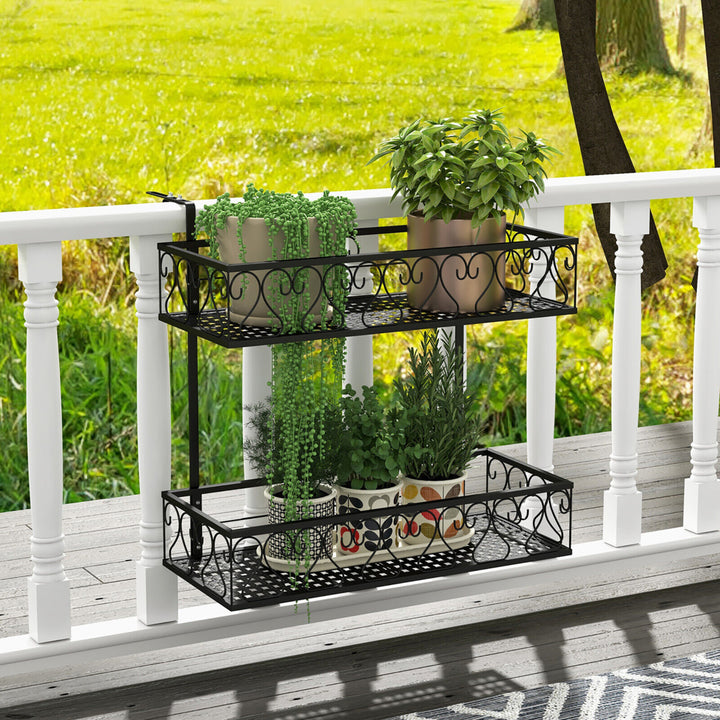 2-Tier Flower Pot Holder Balcony Hanging Rack Railing Shelf w/ Adjustable Hooks Image 3