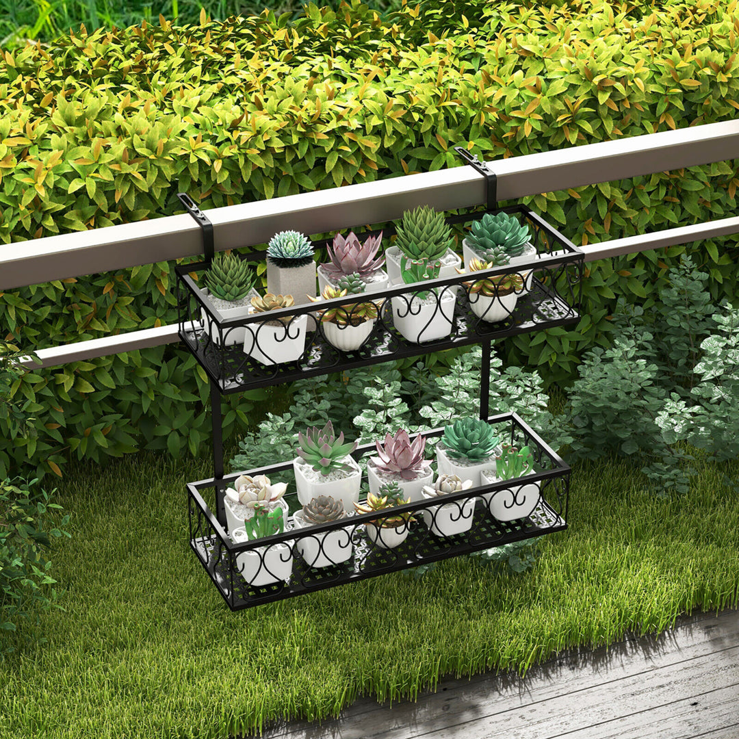 2-Tier Flower Pot Holder Balcony Hanging Rack Railing Shelf w/ Adjustable Hooks Image 4