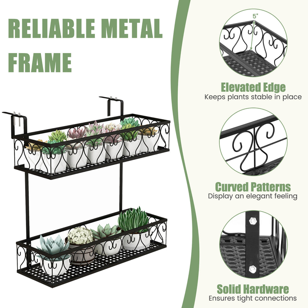 2-Tier Flower Pot Holder Balcony Hanging Rack Railing Shelf w/ Adjustable Hooks Image 5