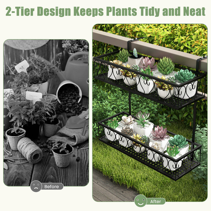 2-Tier Flower Pot Holder Balcony Hanging Rack Railing Shelf w/ Adjustable Hooks Image 6