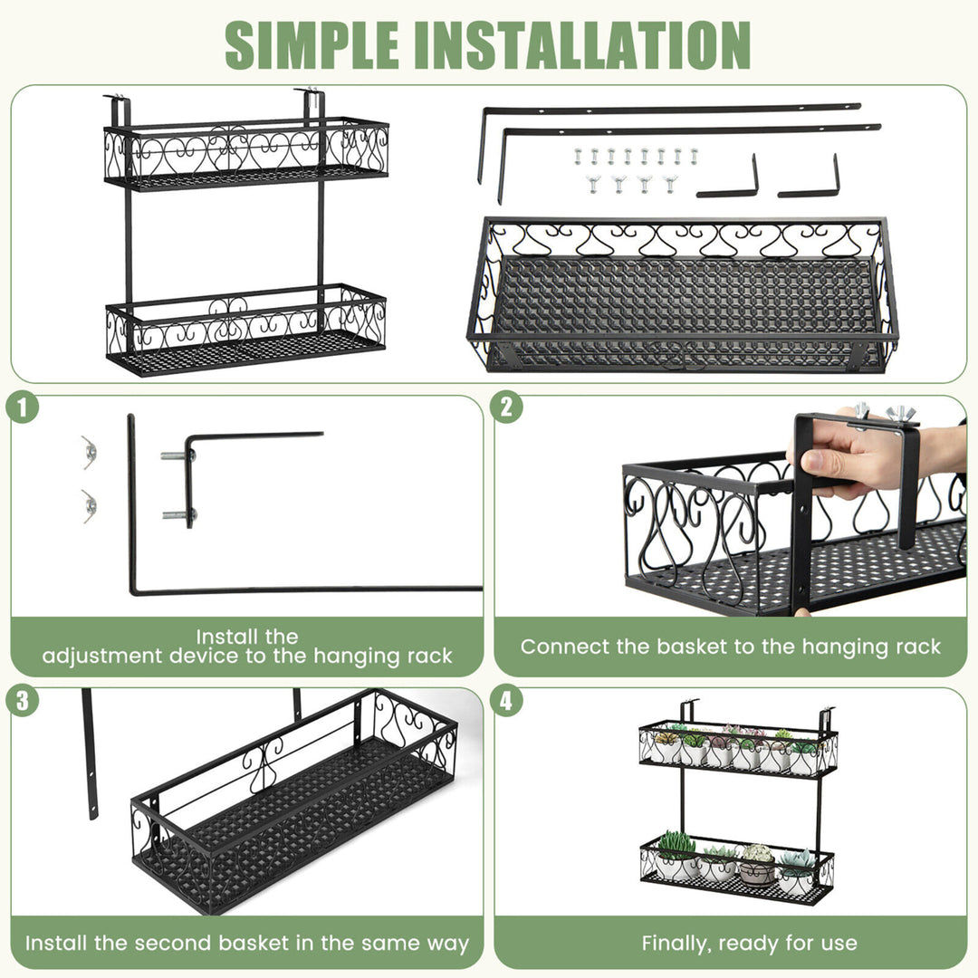 2-Tier Flower Pot Holder Balcony Hanging Rack Railing Shelf w/ Adjustable Hooks Image 9