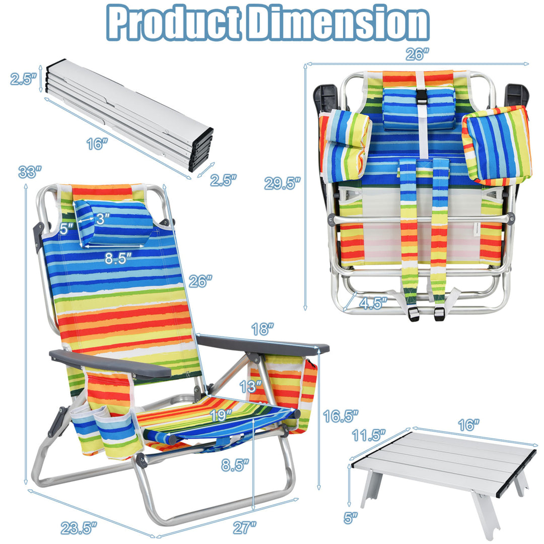 3PCS Folding Beach Chair and Table Set Outdoor Adjustable Reclining Chair Image 3