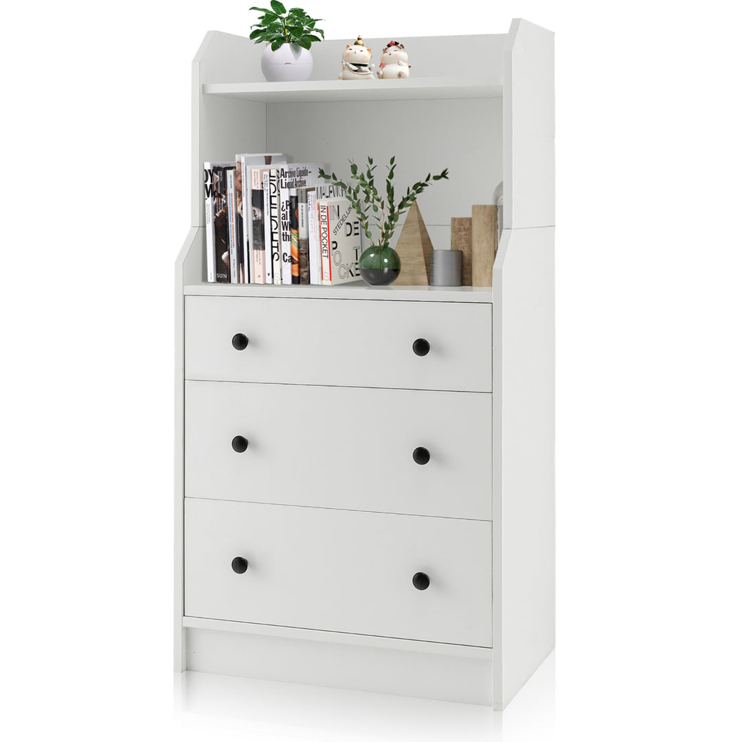 3-Drawer Dresser 44 Tall Wood Storage Organizer Chest w/ 2 Open Shelves White Image 1