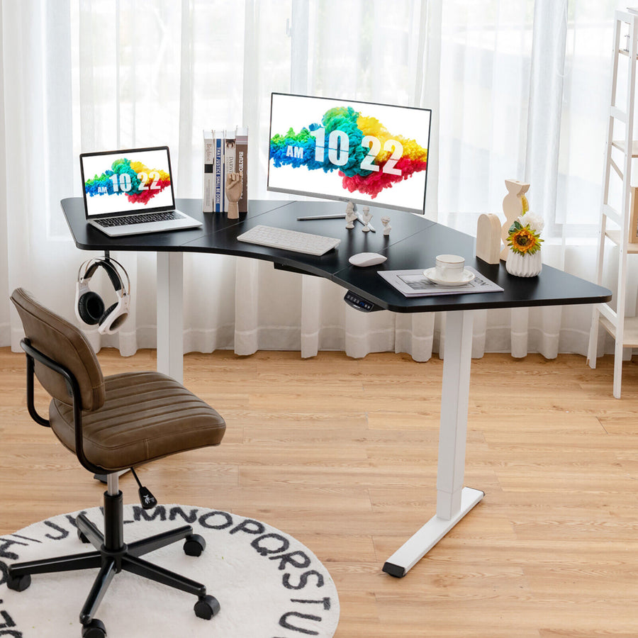 Dual-Motor L Shaped Standing Desk Ergonomic Sit Stand Computer Workstation White and Black Image 1