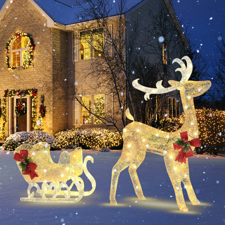 Pre-Lit Christmas Reindeer and Santas Sleigh Lighted Yard Decor w/ 100 LED Lights Image 1