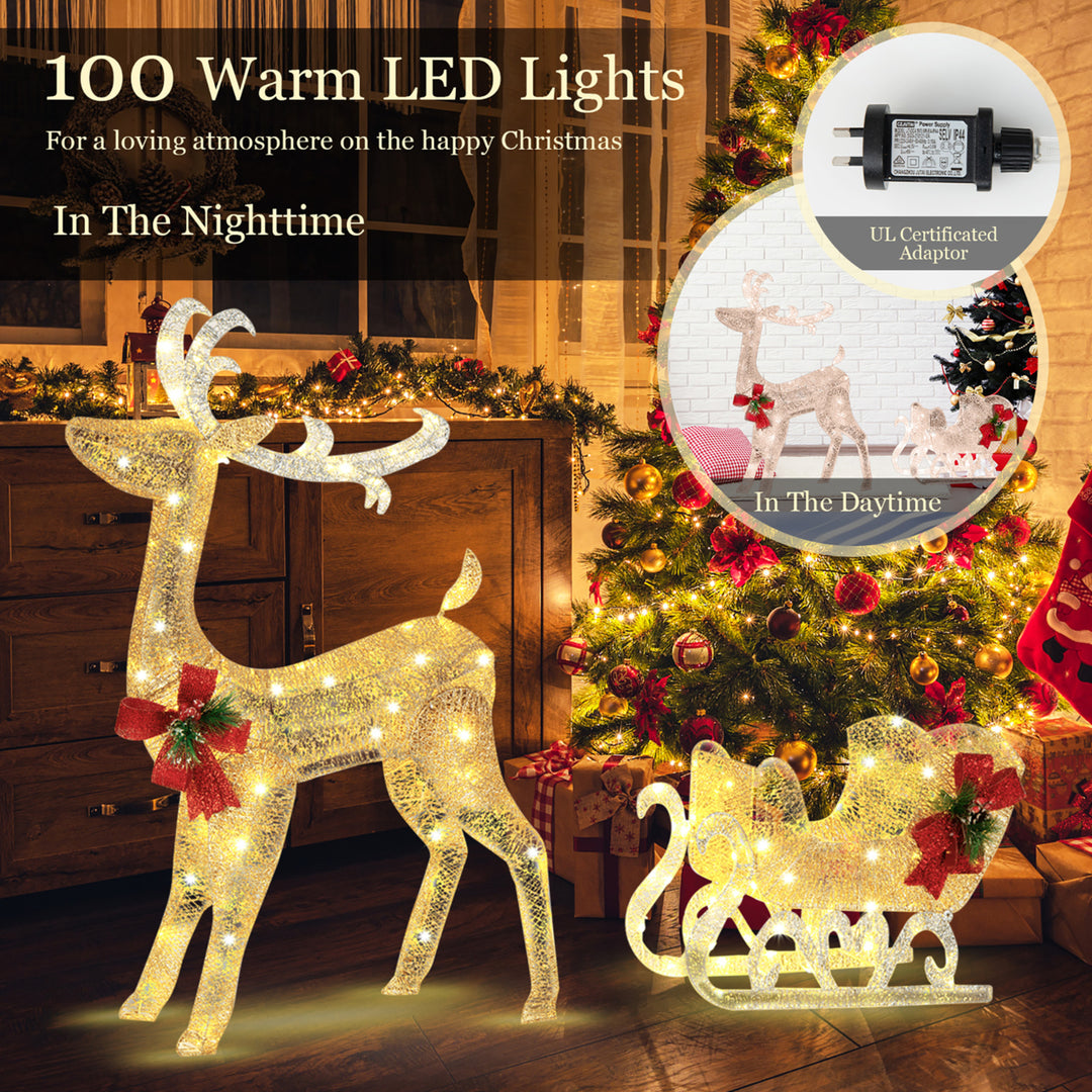 Pre-Lit Christmas Reindeer and Santas Sleigh Lighted Yard Decor w/ 100 LED Lights Image 6