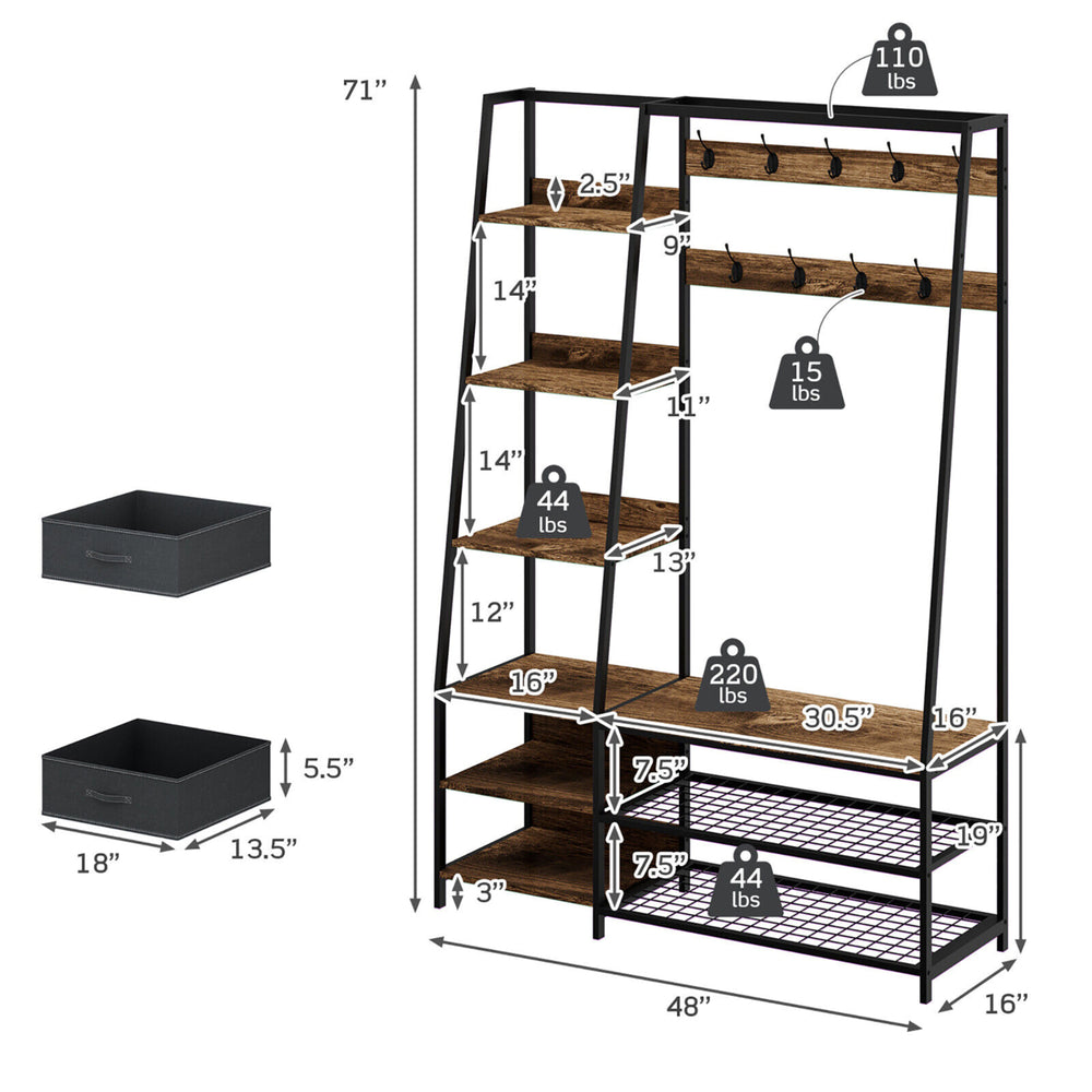 6-in-1 Freestanding Hall Tree Coat Rack w/ Bench and Fabric Dressers Rustic Brown Image 2