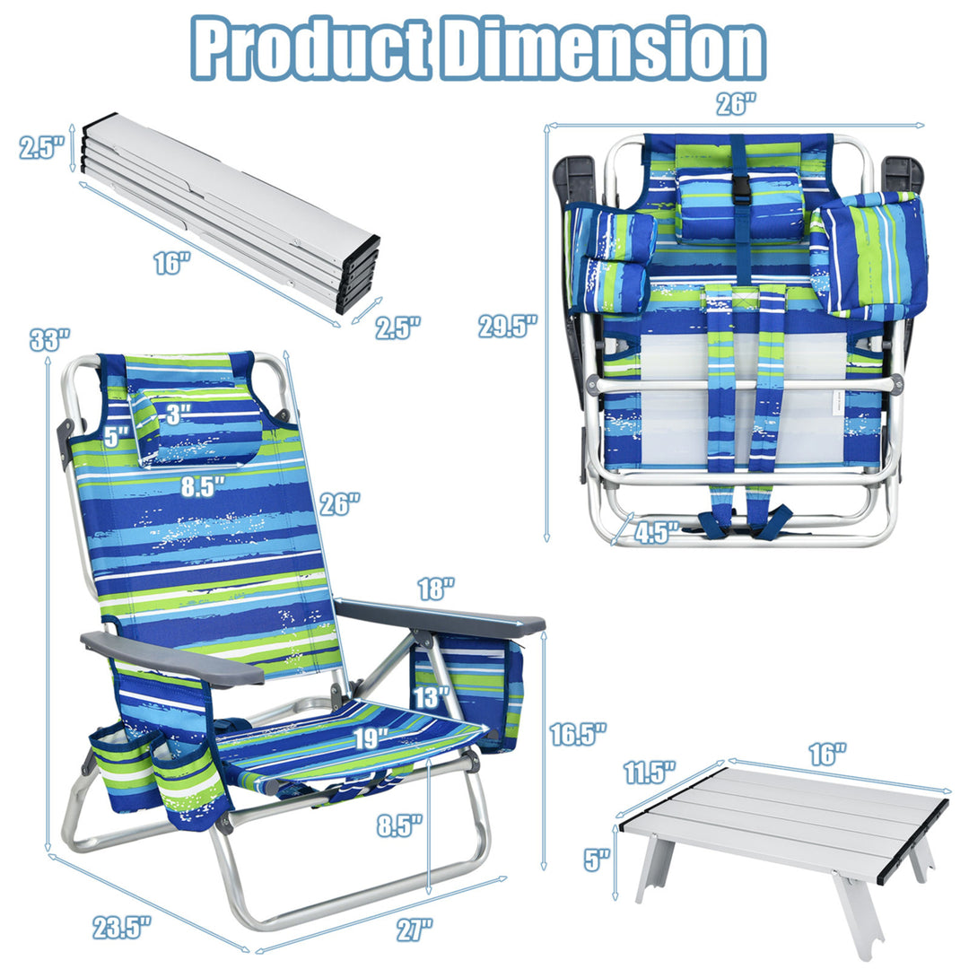 3PCS Folding Beach Chair and Table Set Outdoor Adjustable Reclining Chair Image 3