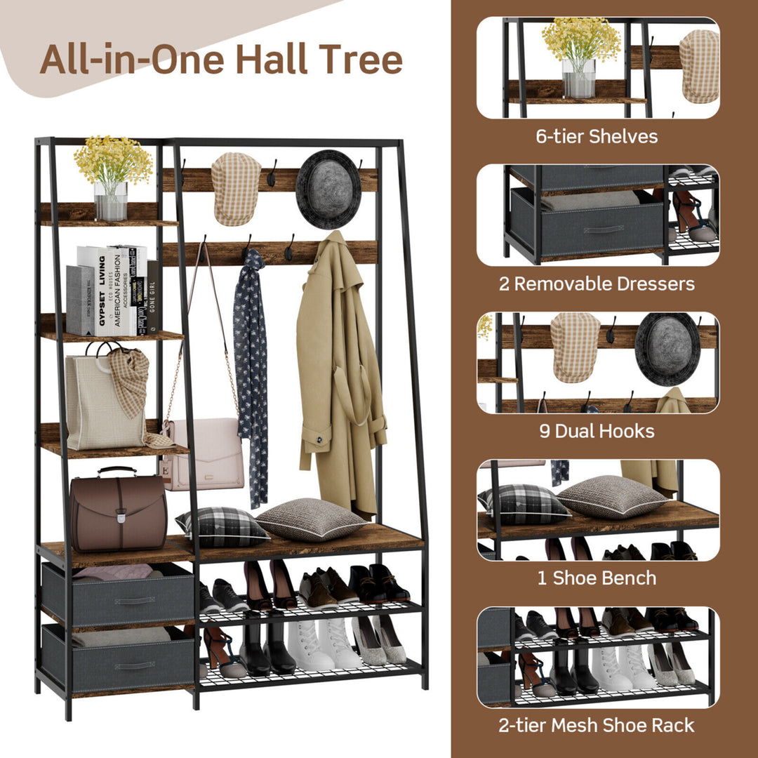 6-in-1 Freestanding Hall Tree Coat Rack w/ Bench and Fabric Dressers Rustic Brown Image 6