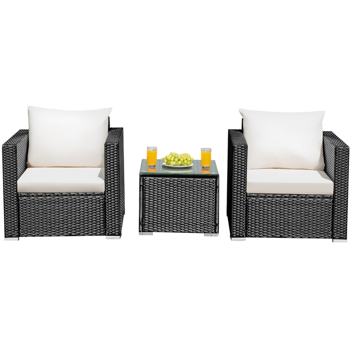 3PCS Patio wicker Furniture Set Conversation Rattan Sofa Set w/Cushion Garden Image 5