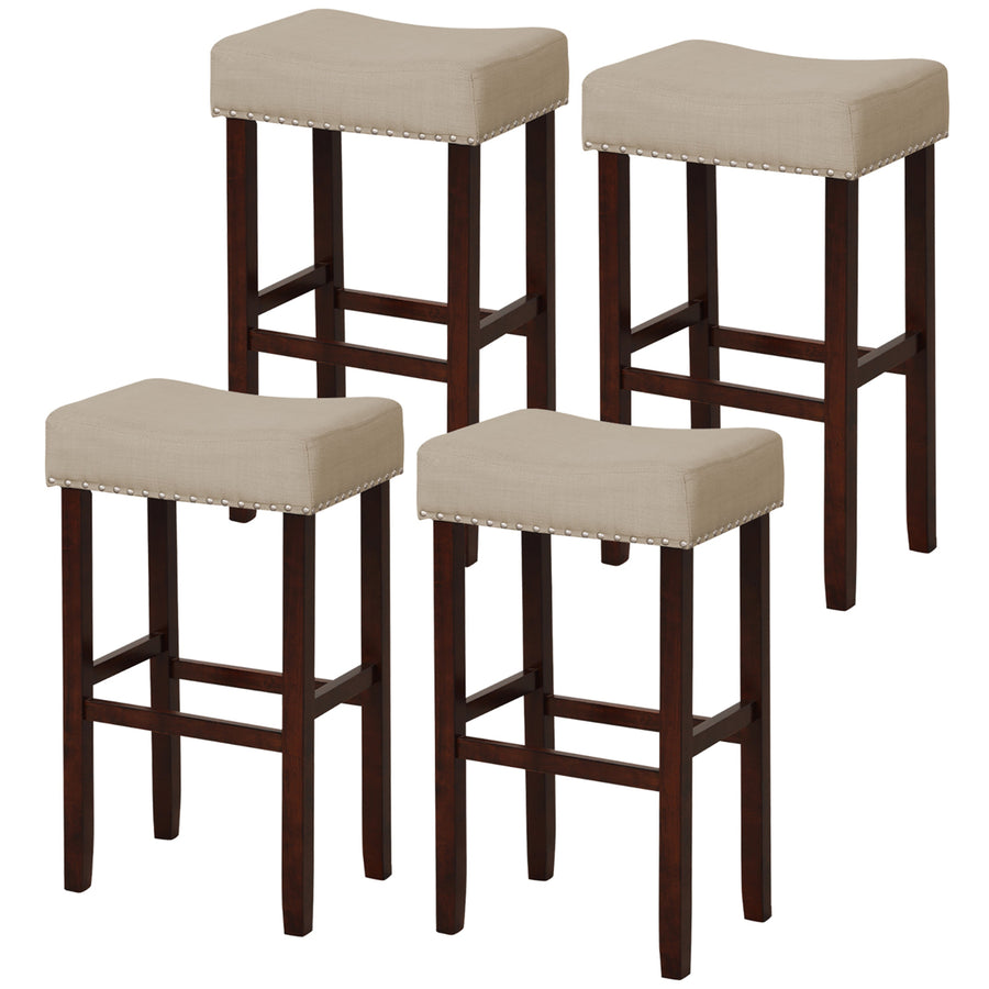 Set of 4 Bar Stools Bar Height Saddle Kitchen Chairs w/ Wooden Legs Beige Image 1