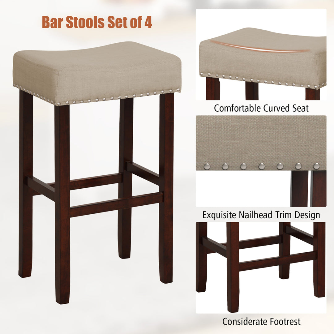 Set of 4 Bar Stools Bar Height Saddle Kitchen Chairs w/ Wooden Legs Beige Image 5