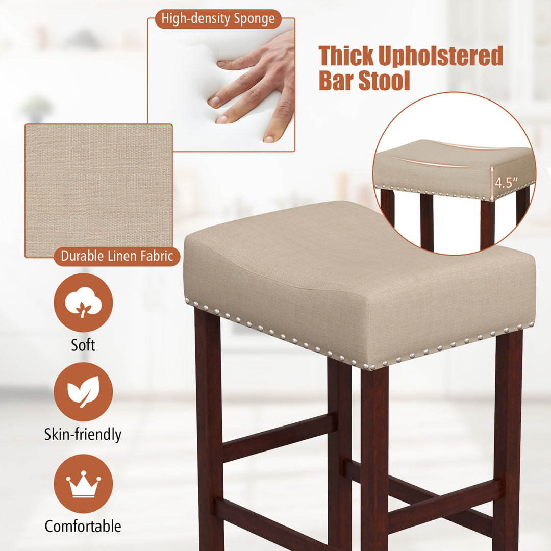 Set of 4 Bar Stools Bar Height Saddle Kitchen Chairs w/ Wooden Legs Beige Image 6