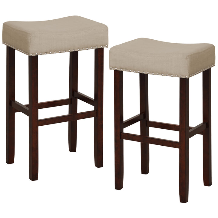 Set of 4 Bar Stools Bar Height Saddle Kitchen Chairs w/ Wooden Legs Beige Image 8