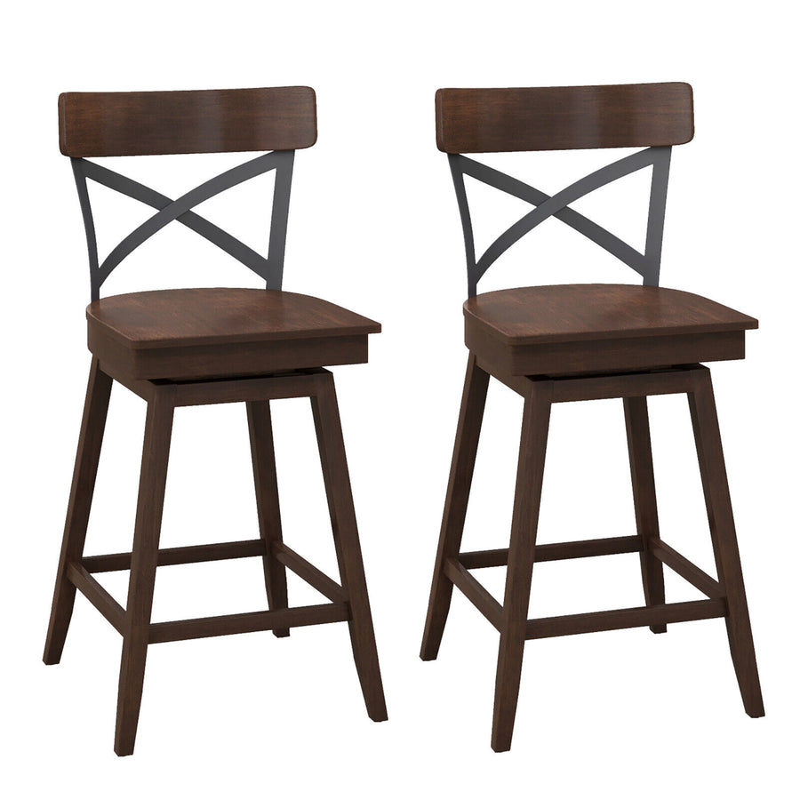 Set of 2 Wooden Swivel Bar Stools Counter Height Kitchen Chairs w/ Back Brown Image 1