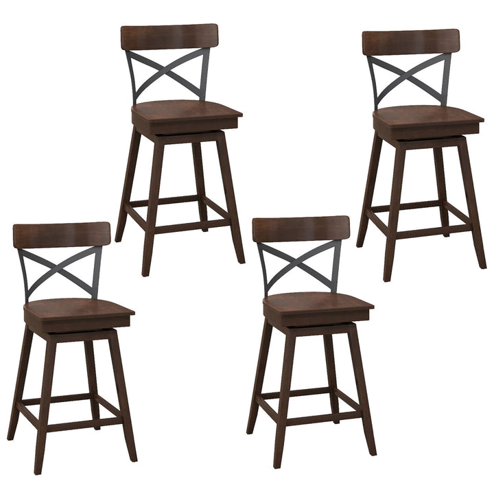 Set of 4 Wooden Swivel Bar Stools Counter Height Kitchen Chairs w/ Back Brown Image 1