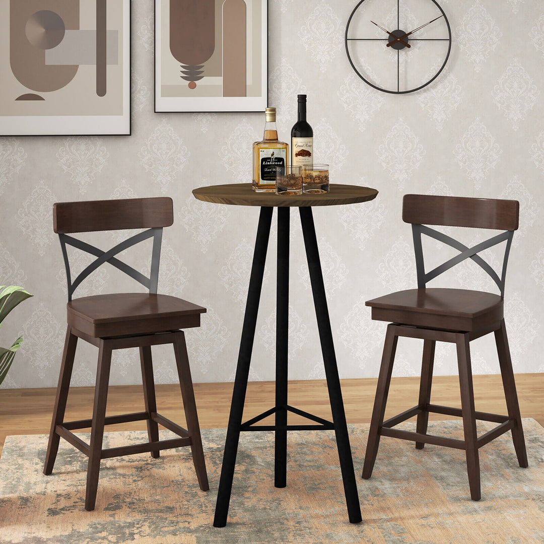 Set of 2 Wooden Swivel Bar Stools Counter Height Kitchen Chairs w/ Back Brown Image 4