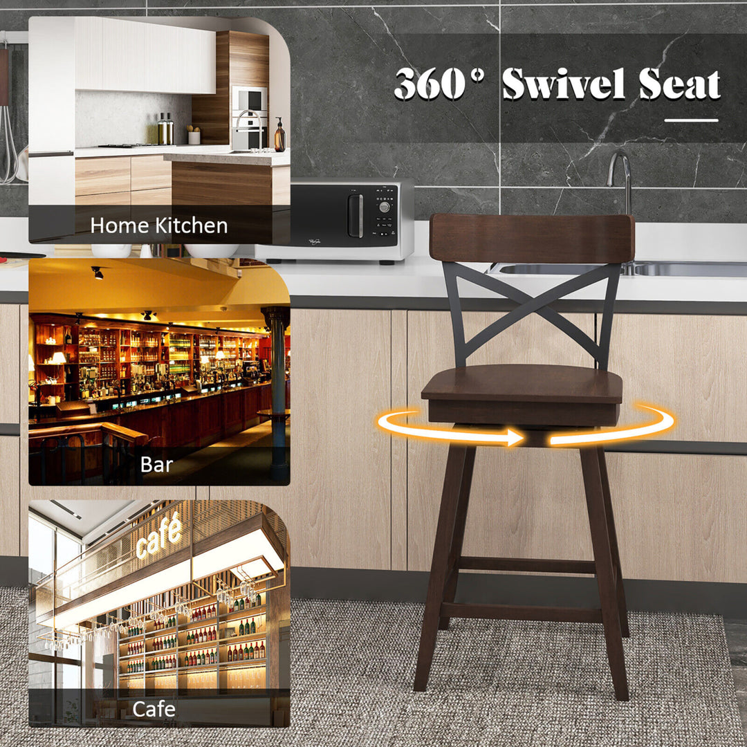 Set of 2 Wooden Swivel Bar Stools Counter Height Kitchen Chairs w/ Back Brown Image 6