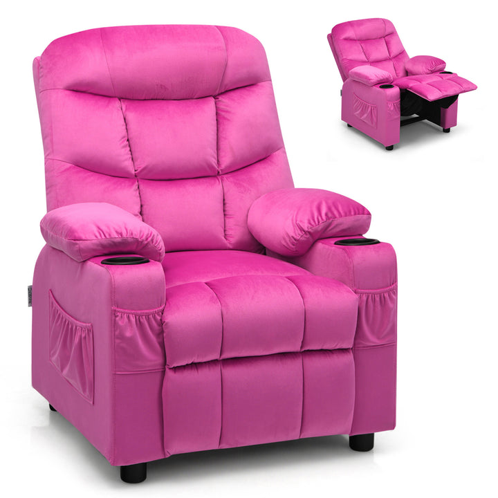 Kids Youth Recliner Chair Velvet Fabric w/Cup Holder and Side Pocket Blue/Pink Image 6