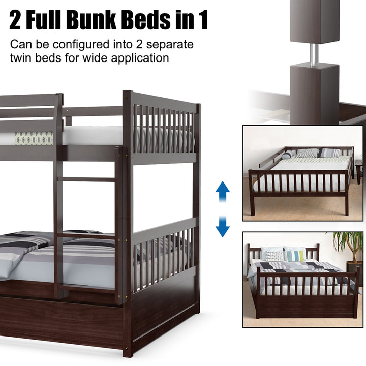 Full over Full Bunk Bed Platform Wood Bed w/ Trundle and Ladder Rail Image 8