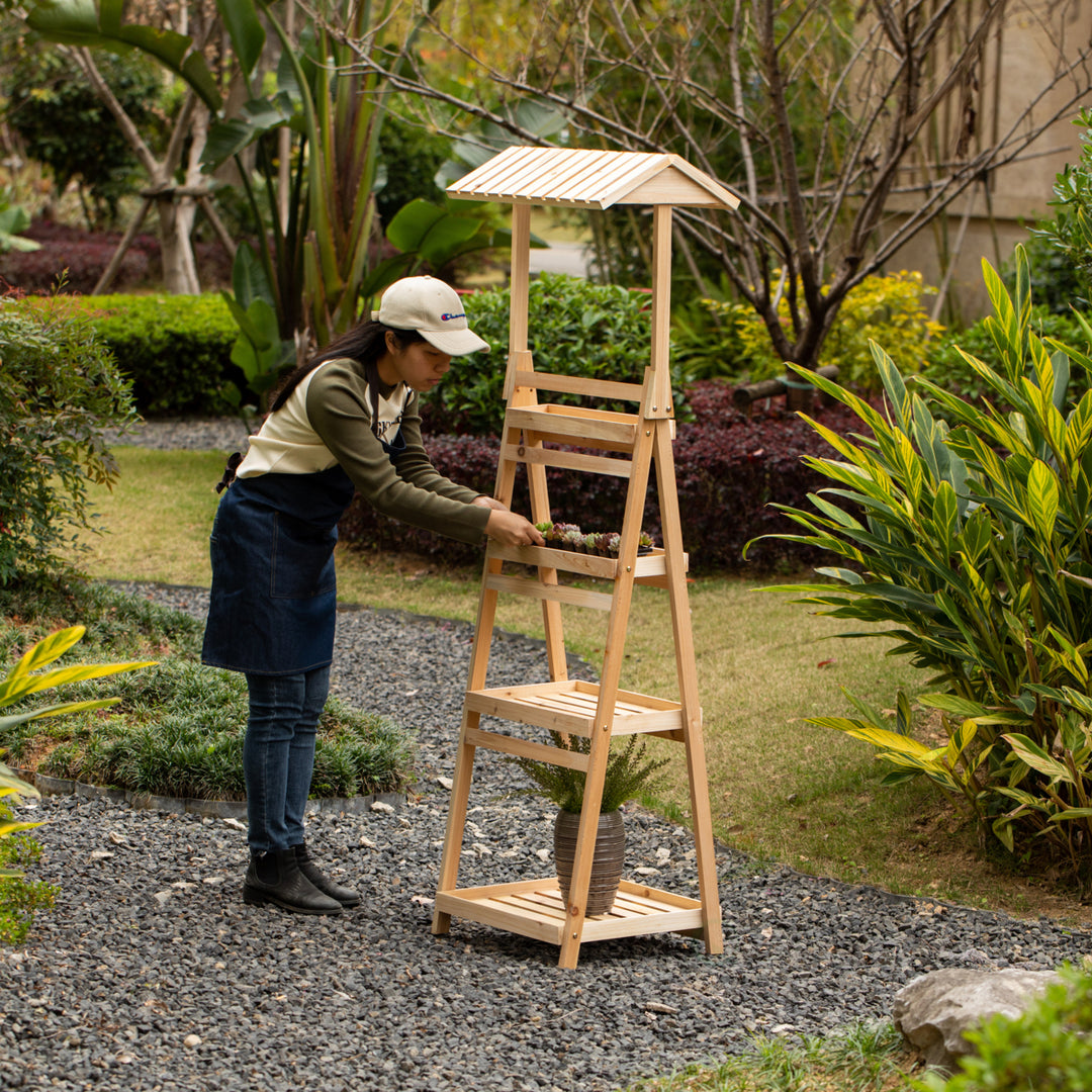 Small Slim Narrow Wooden Shelf Stand Cart Plant Shelf with Artistic Roof Design Will Add a Touch of Rustic Elegance to Image 5