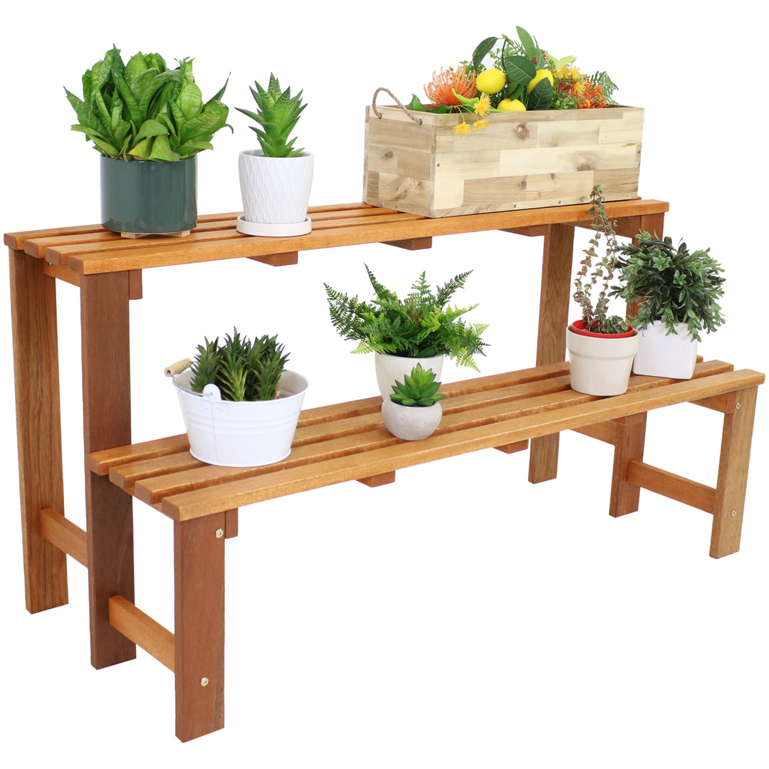 Sunnydaze 2-Tier Meranti Wood Plant Stand with Teak Oil Finish - 24 in Image 9