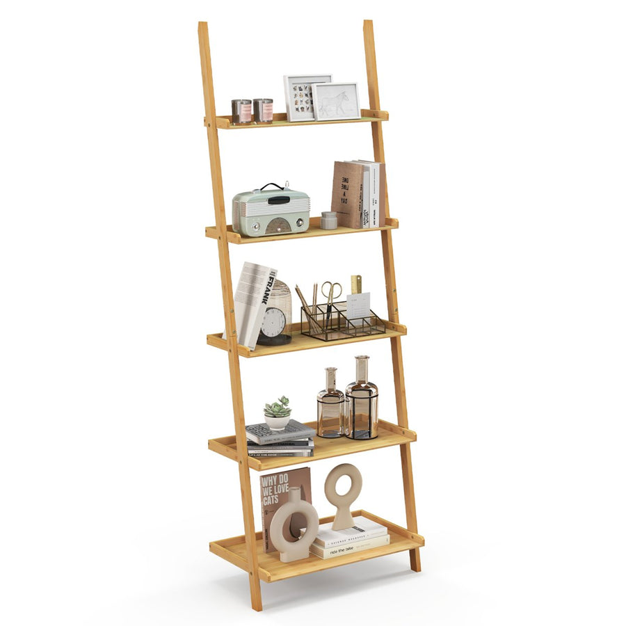 5-Tier Bamboo Ladder Shelf Wall-Leaning Bookshelf Display Bookcase Storage Rack Image 1