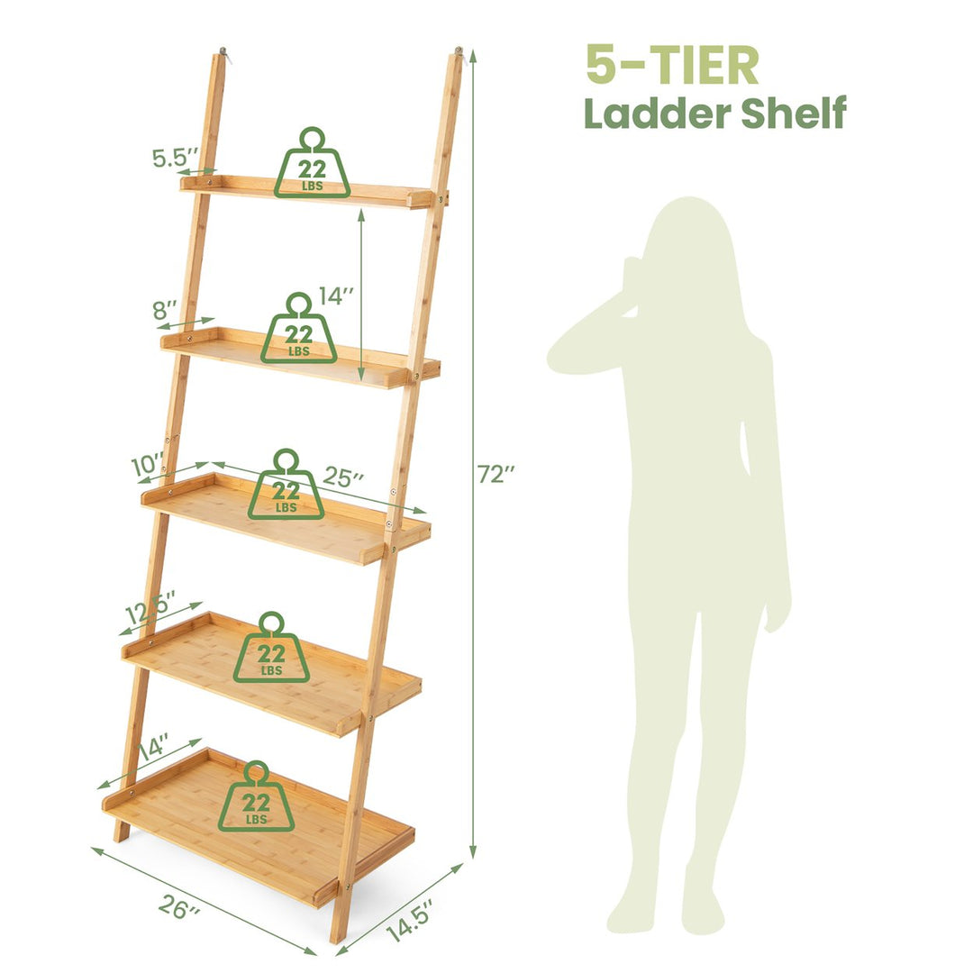 5-Tier Bamboo Ladder Shelf Wall-Leaning Bookshelf Display Bookcase Storage Rack Image 2