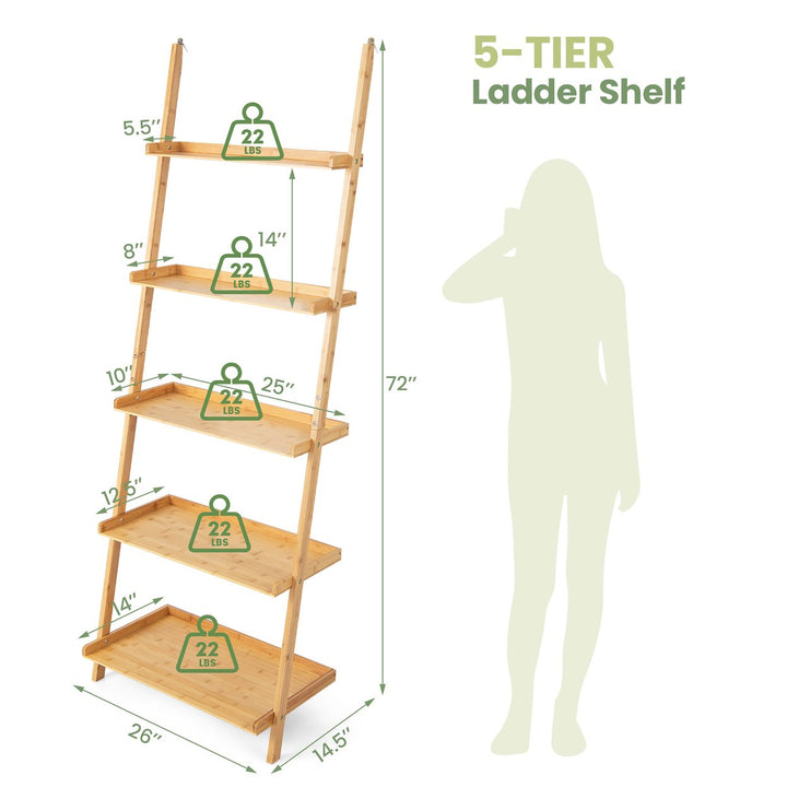 5-Tier Bamboo Ladder Shelf Wall-Leaning Bookshelf Display Bookcase Storage Rack Image 2