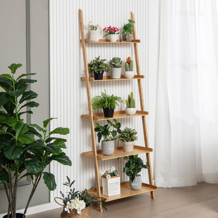 5-Tier Bamboo Ladder Shelf Wall-Leaning Bookshelf Display Bookcase Storage Rack Image 4