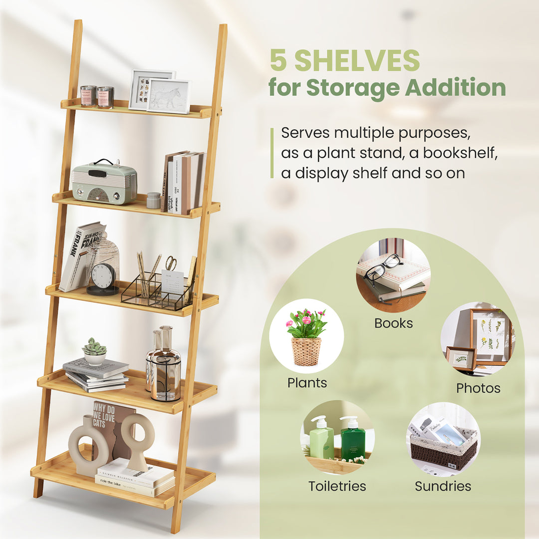 5-Tier Bamboo Ladder Shelf Wall-Leaning Bookshelf Display Bookcase Storage Rack Image 8