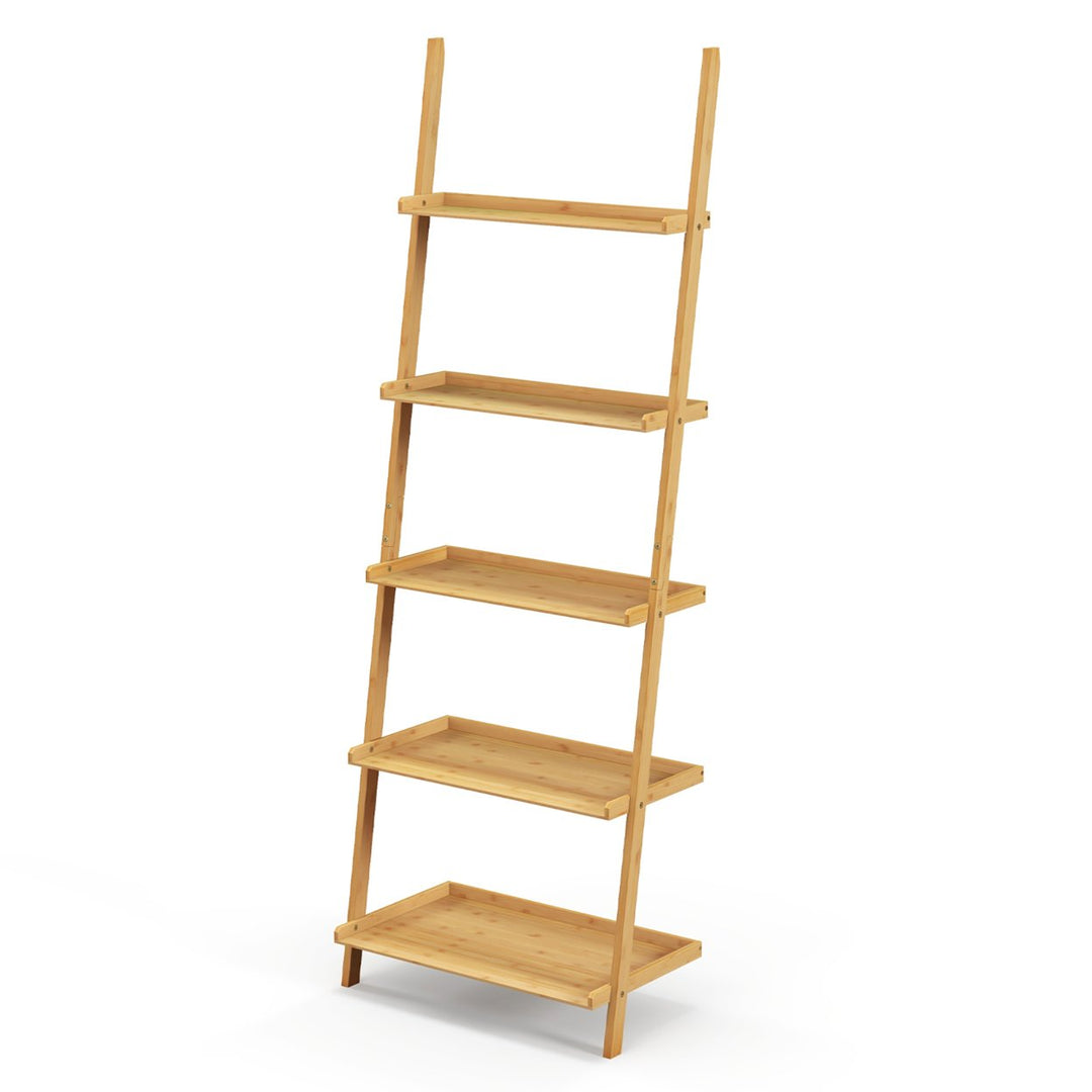 5-Tier Bamboo Ladder Shelf Wall-Leaning Bookshelf Display Bookcase Storage Rack Image 10