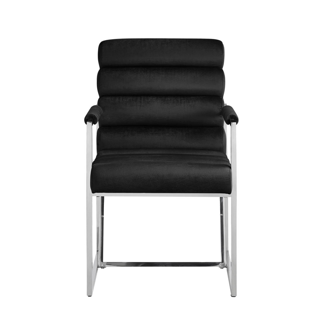 Madelyne Dining Chair - Upholstered, Stainless Steel Frame, Channel Tufted, Padded Square Arms Image 8