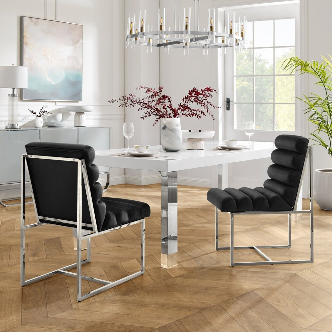 Madelyne Dining Chair - Upholstered, Stainless Steel Frame, Channel Tufted, Armless Image 1