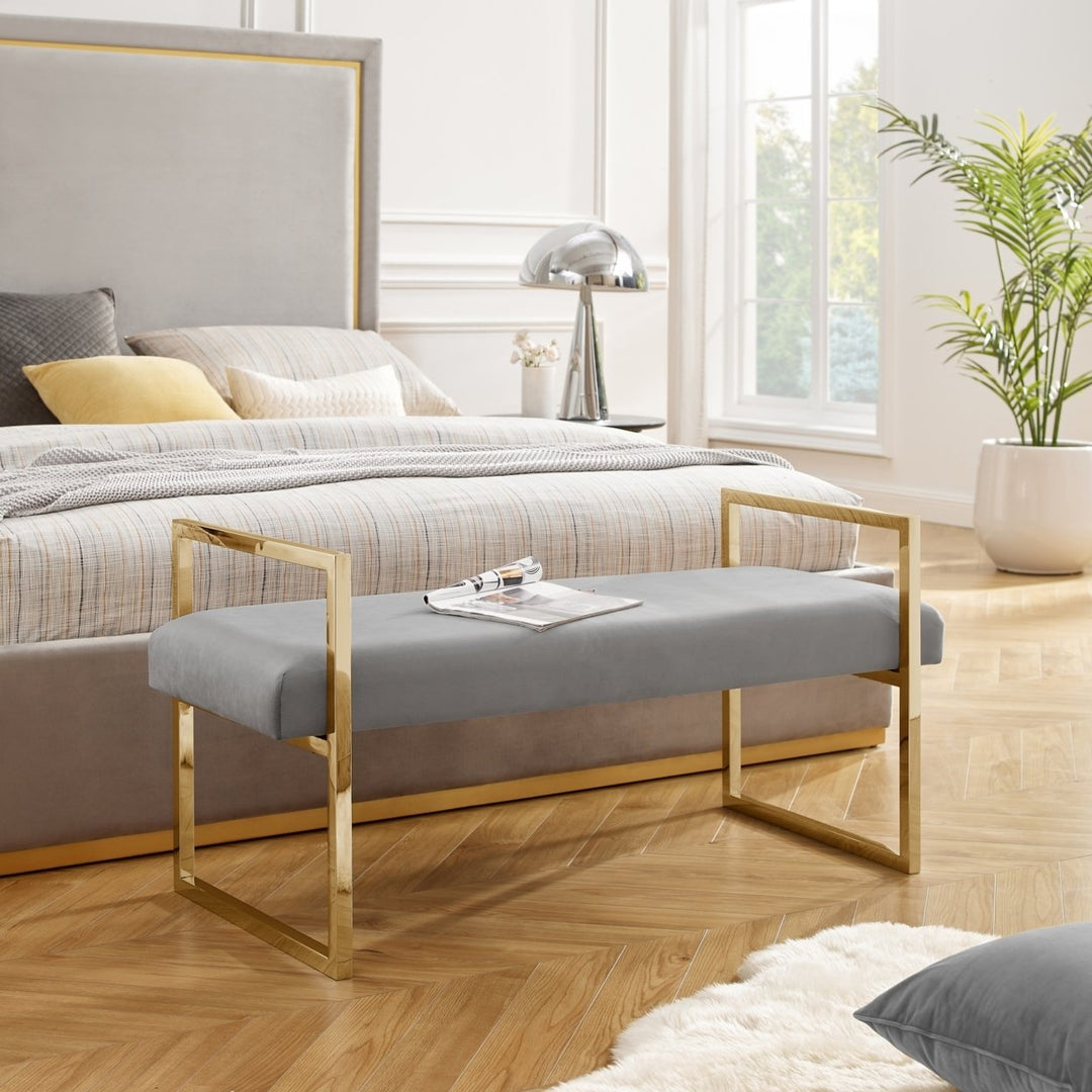 Madelyne Bench Upholstered Open Frame Stainless Steel Chrome Gold 48x20.5 Image 1