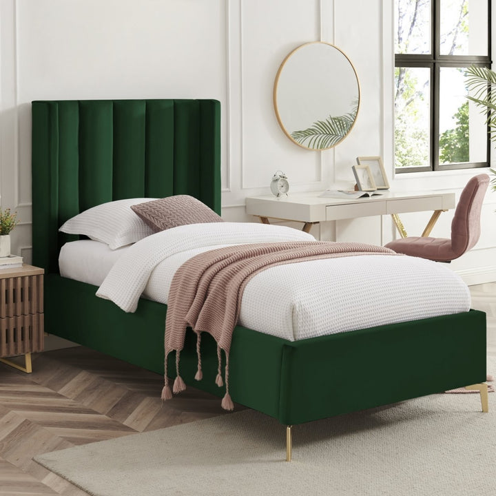 Naeem Bed - Velvet Upholstered, Wingback Channel Tufted Headboard, Oblique Legs, Slats Included Image 4