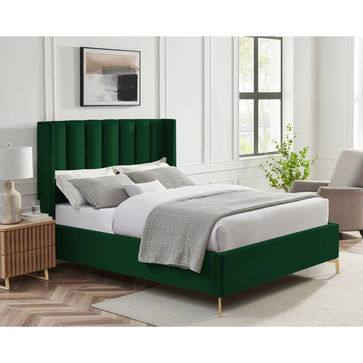 Naeem Bed - Velvet Upholstered, Wingback Channel Tufted Headboard, Oblique Legs, Slats Included Image 7