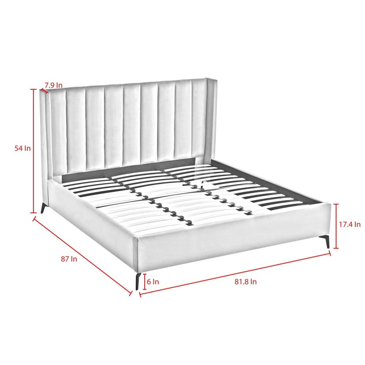 Naeem Bed - Velvet Upholstered, Wingback Channel Tufted Headboard, Oblique Legs, Slats Included Image 12