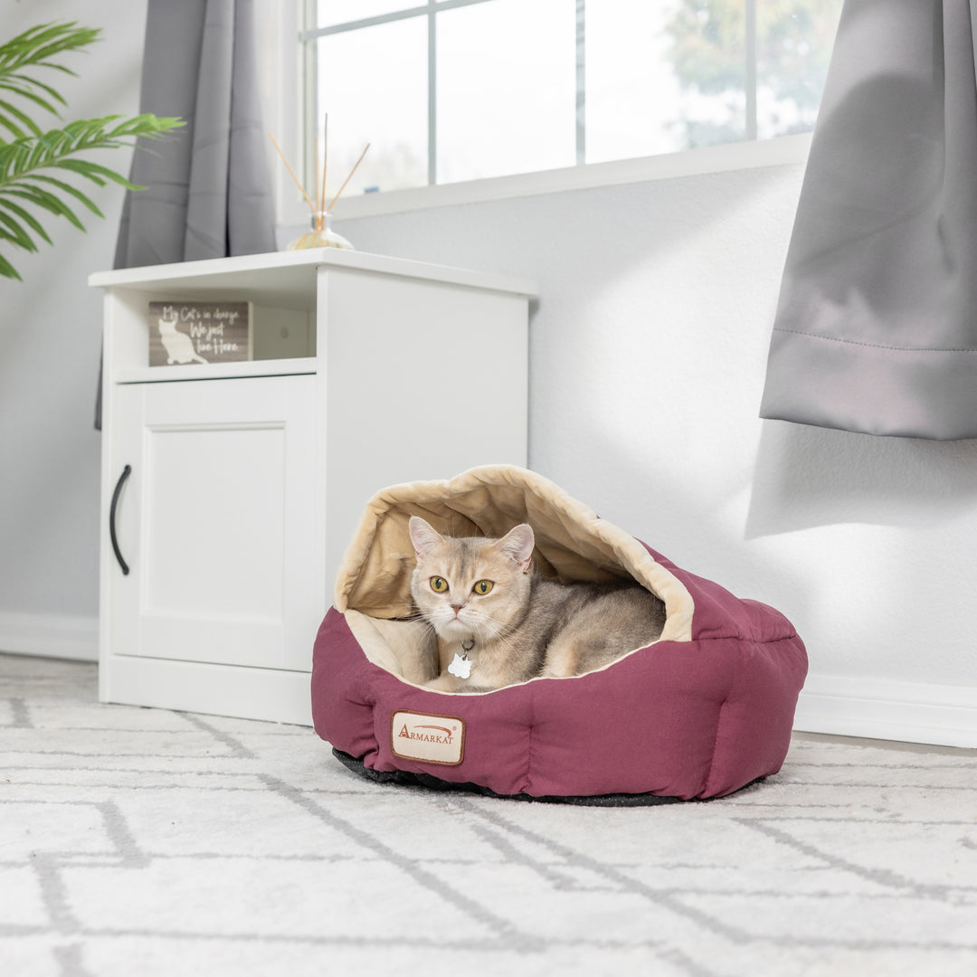 Armarkat C08 Cat Bed Small Indoor Pet Bed Beige Burgundy Waterproof Machine Washable Image 7