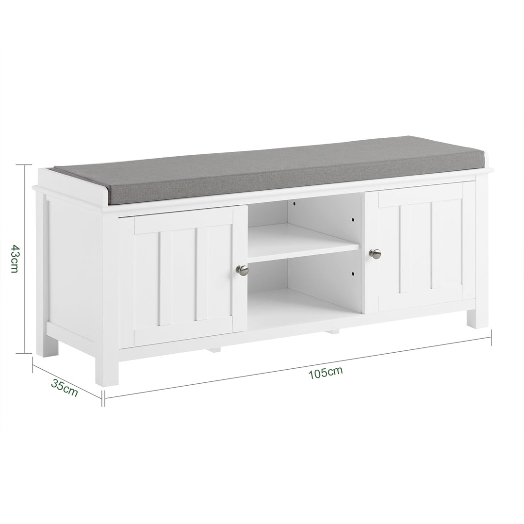 Haotian FSR35-W, White Storage Bench with 2 Doors, Shelf and Removable Seat Cushion, Shoe Cabinet, Shoe Bench Image 3