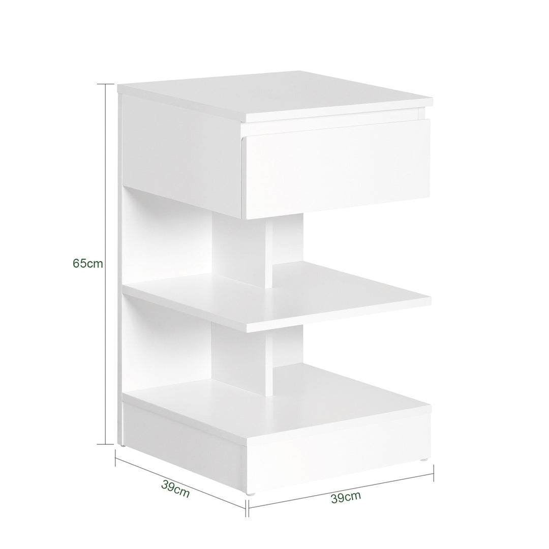 Haotian FBT49-W, White Beside Table with 1 Drawer and 2-Tiere Shelves, Night Stand, Lamp Table, End Table, Side Table, Image 2