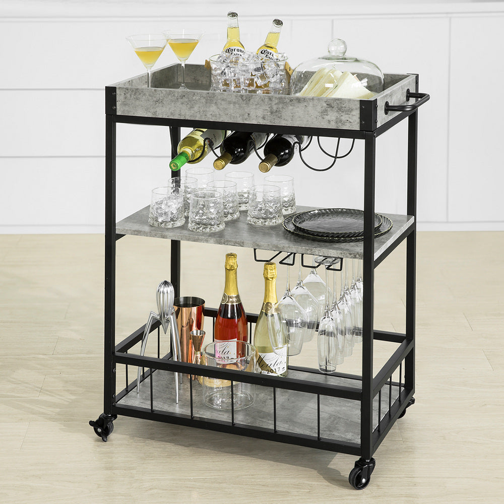 Haotian FKW56-HG Bar Cart Rustic Wood Metal Serving Trolley 3 Shelves 26.4in Image 7