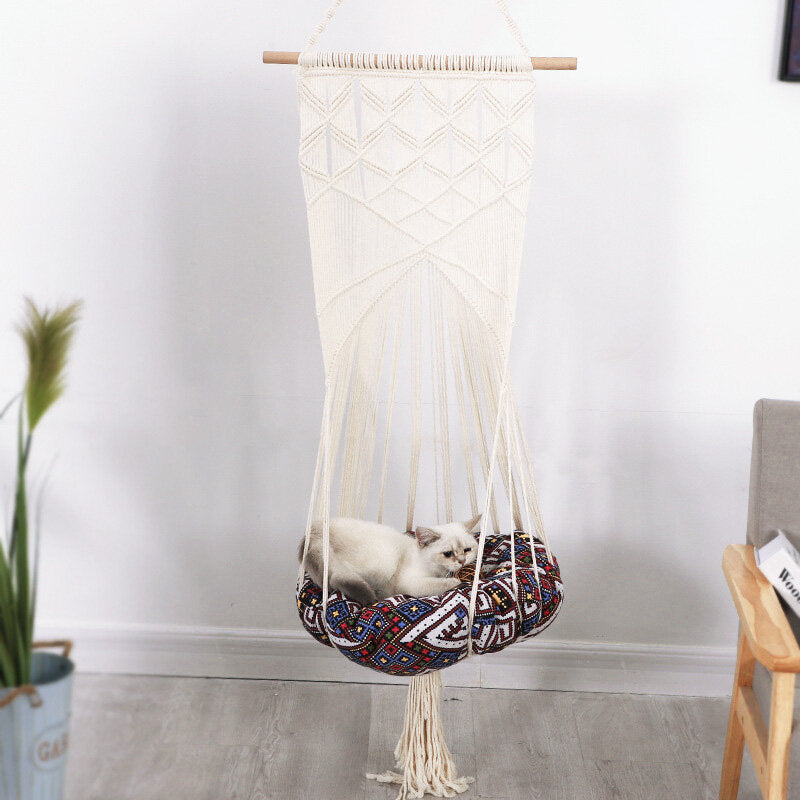 Cat Bed Swing Handmade Hammock Handwoven Pet Cats Dog Hanging Tassel Sleep Chair Seat Universal Image 1