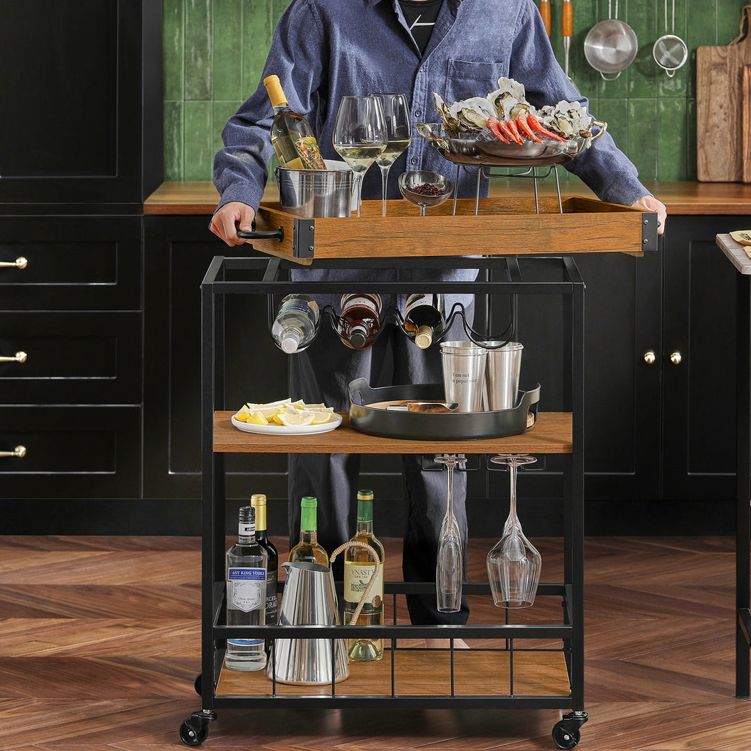 Haotian FKW56-N, Bar Serving Cart, Home Myra Rustic Mobile Kitchen Serving cart with Removable Tray Image 2